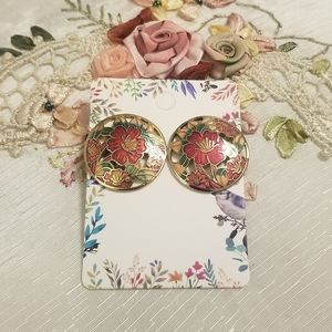 Vintage Floral Enamel Inlay Round Stud Earrings Gold Tone with Pink and Green